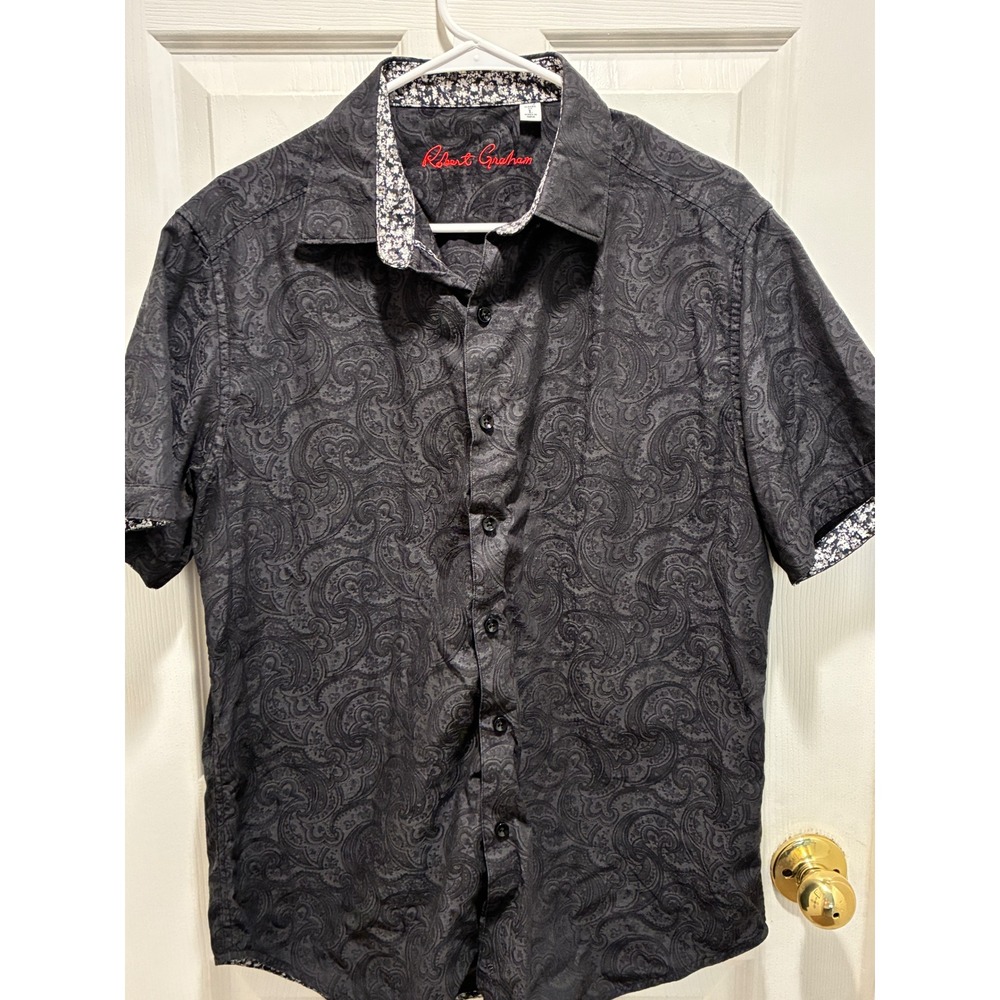 Robert Graham Mens Black Paisley Jacquard Short Sleeve Button Down Shirt Large